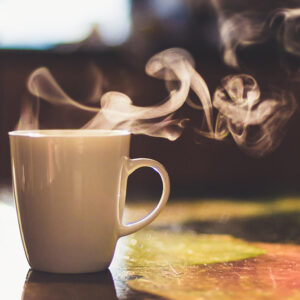 hot drink steaming on a table.