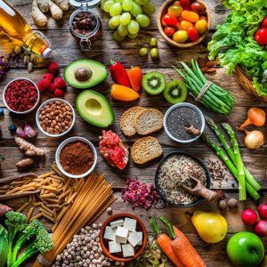 Assortment of fruits and vegetables on a table.