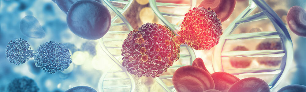Cancer cells on dna stand background. 3d illustration