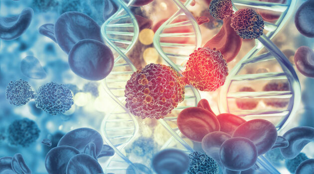 Cancer cells on dna stand background. 3d illustration