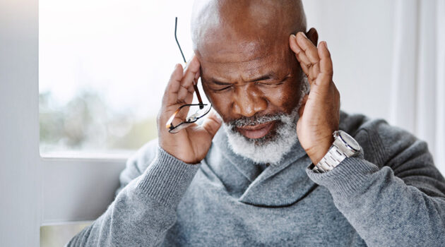 Man suffering from headaches has eyes closed and hands on temples